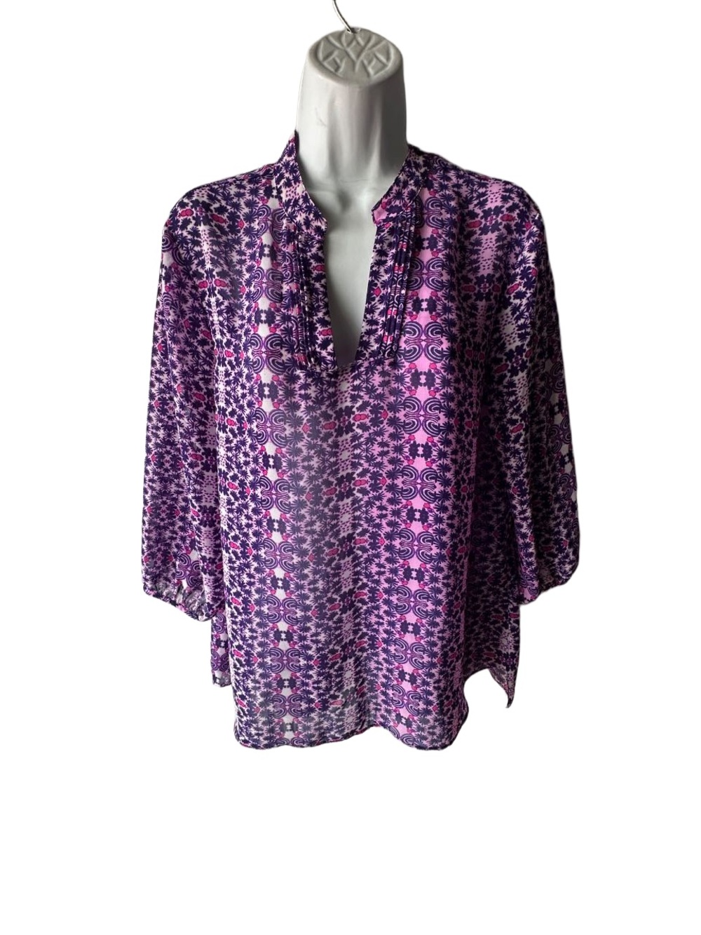 Coldwater Creek Purple Pink Geometric Floral Blouse Split Neckline Size L